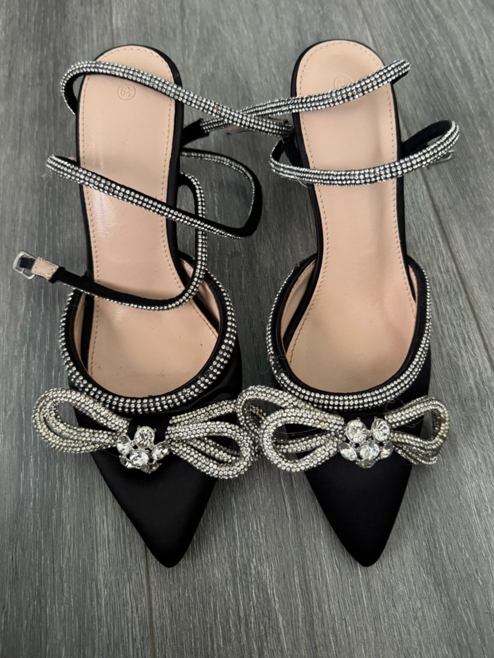 Black Crystal Embellished Pointed Toe Heels - Women Size 6.5 - Picture 5 of 5